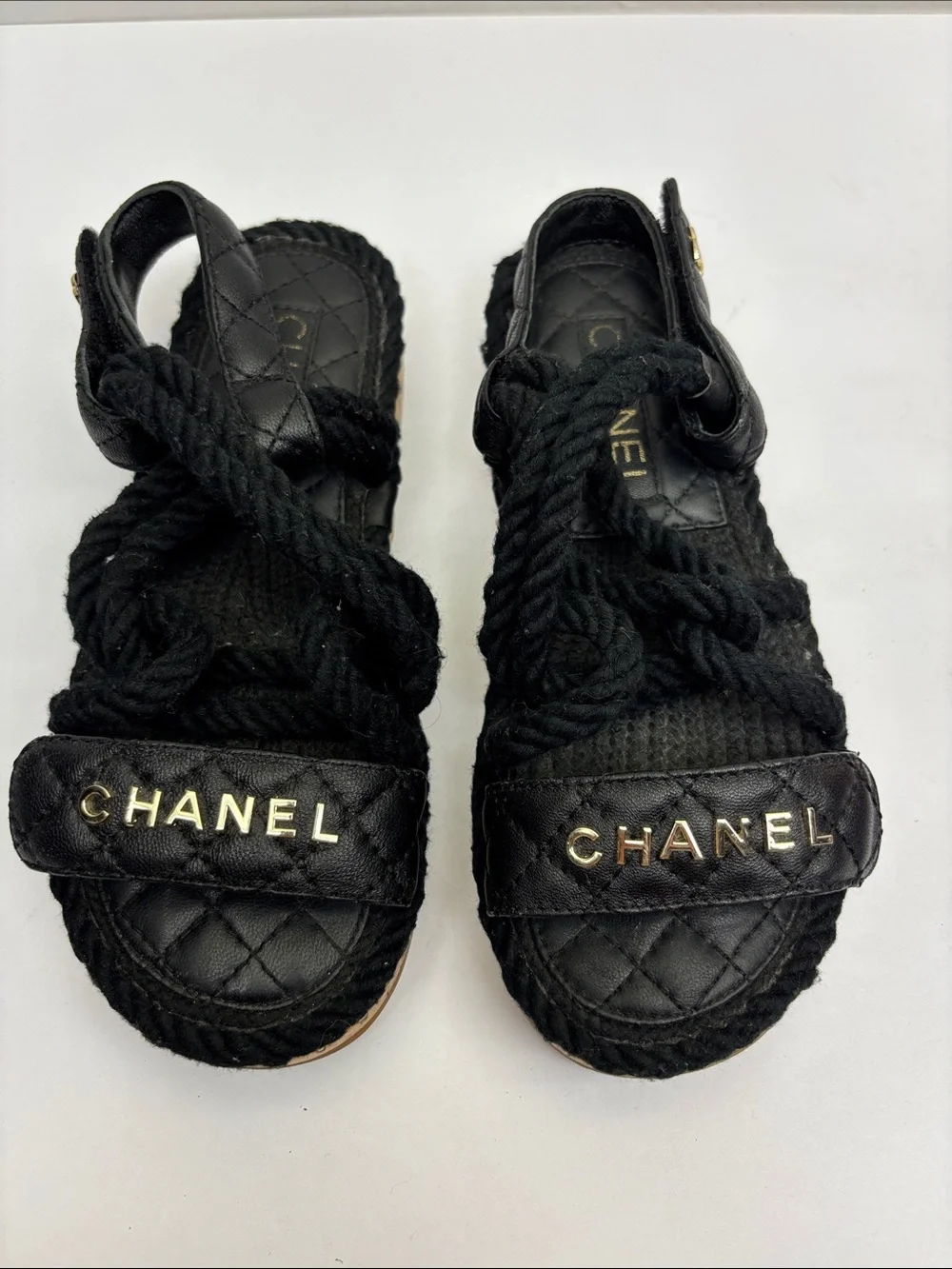 Made in Italy Black Quilted Rope Espadrille Sandals, SZ 8, box 18